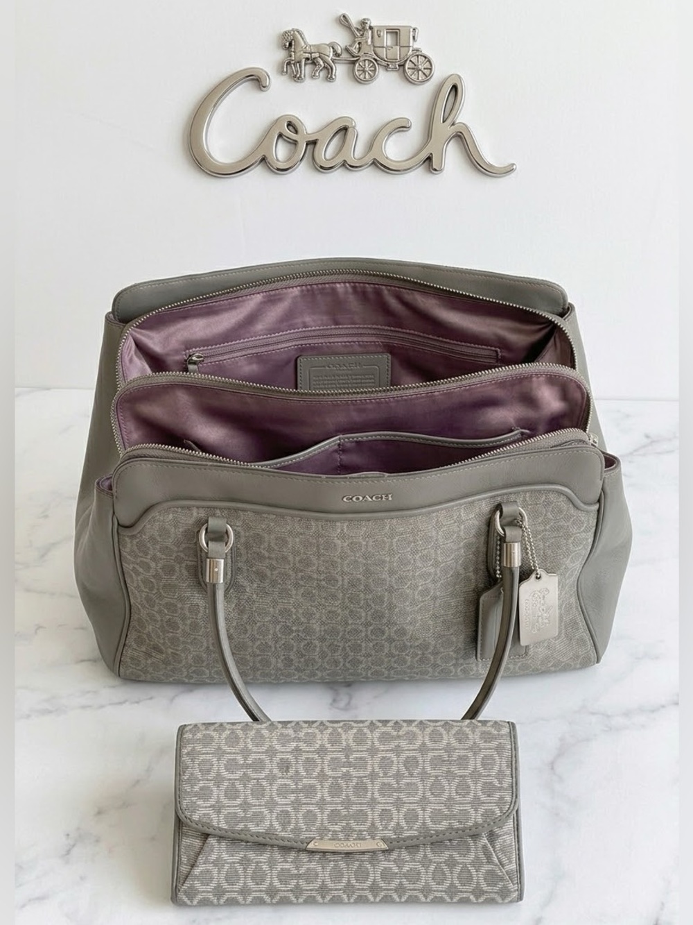 Coach Madison Needlepoint Kimberly Carryall Gray Canvas Leather Bag & Wallet EUC
